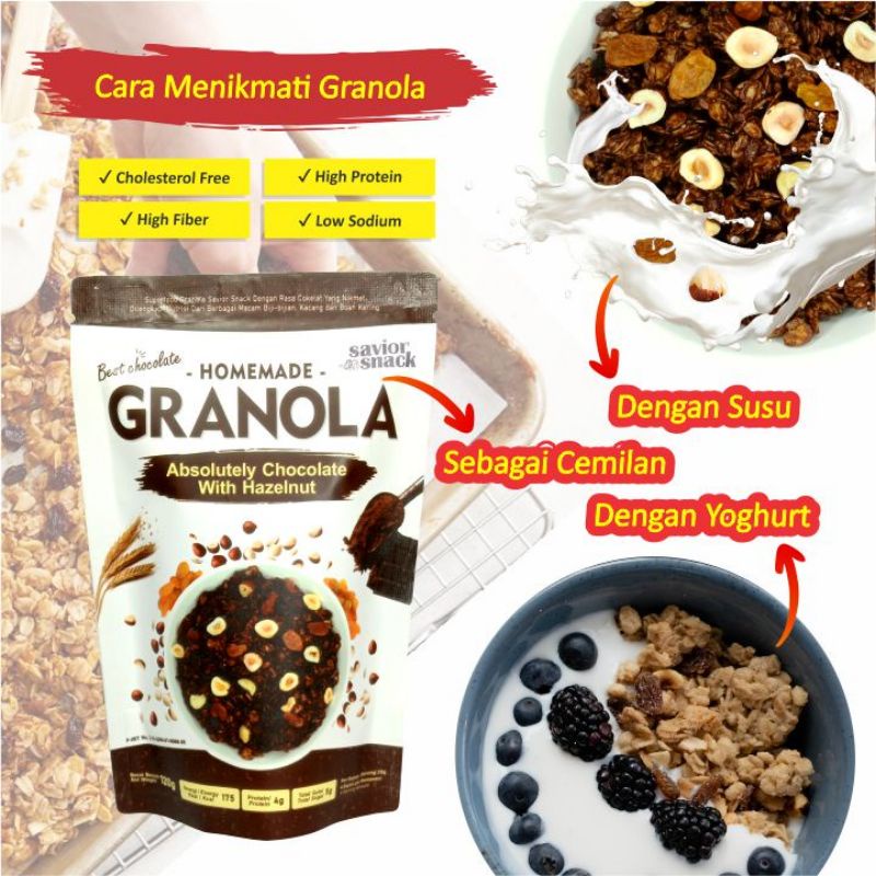 GRANOLA CRUNCHY ABSOLUTELY CHOCOLATE WITH HAZELNUT - SEREAL MAKANAN SEHAT SARAPAN PRAKTIS BERGIZI TINGGI NUTRISI BAHAN ORGANIK ALAMI TANPA PENGAWET - HIGH QUALITY - SAVIOR SNACK - GRANOLA BEST CHOCOLATE 120g