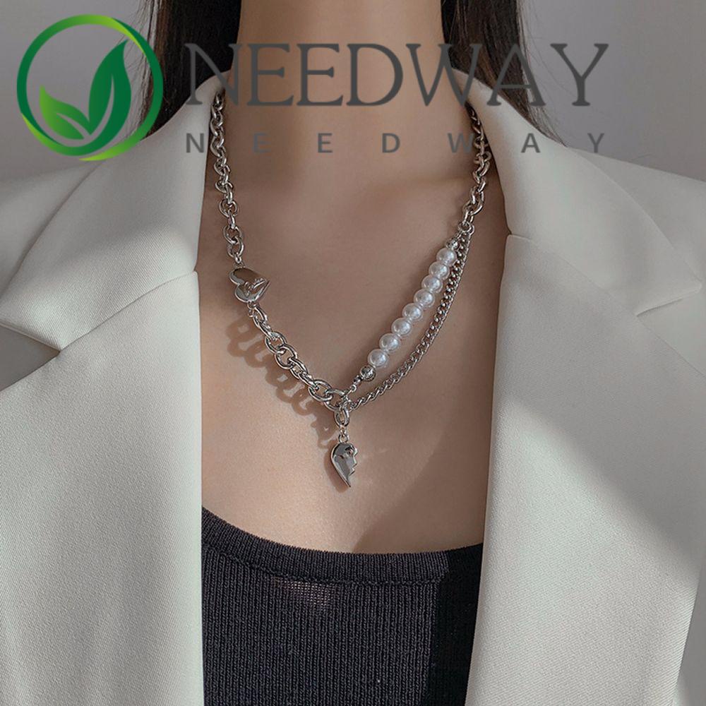 Kalung Rantai Klavikula Desain Salib Aksen Mutiara Berlian Imitasi Bahan Alloy Gaya Korea Untuk Unisex