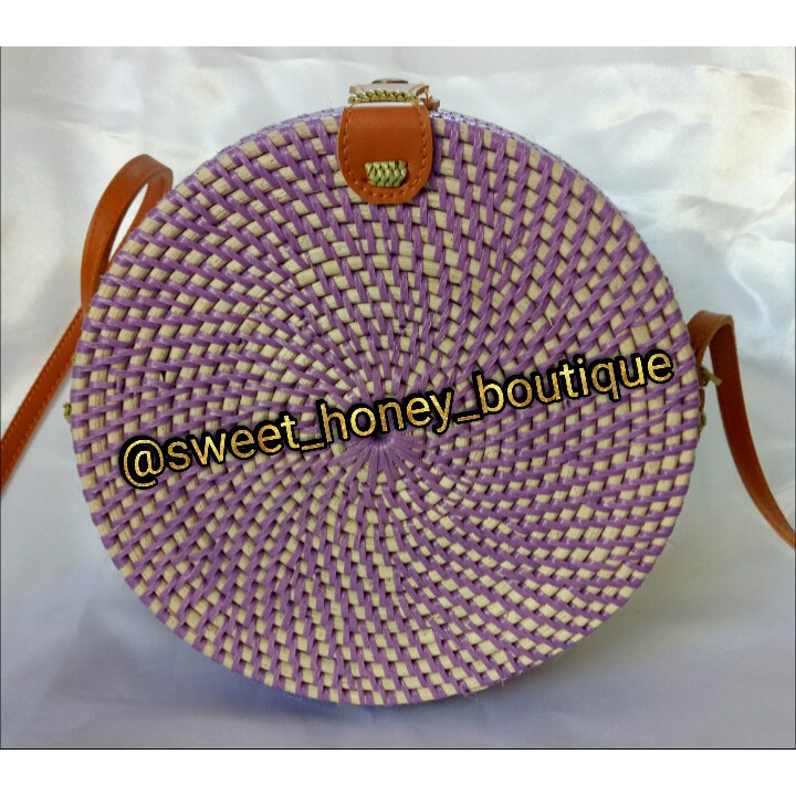 Sale Cuci Gudang Tas Rotan Bulat Warna Ungu Hitam Cream Orange Hijau Diameter 15cm dan 20cm