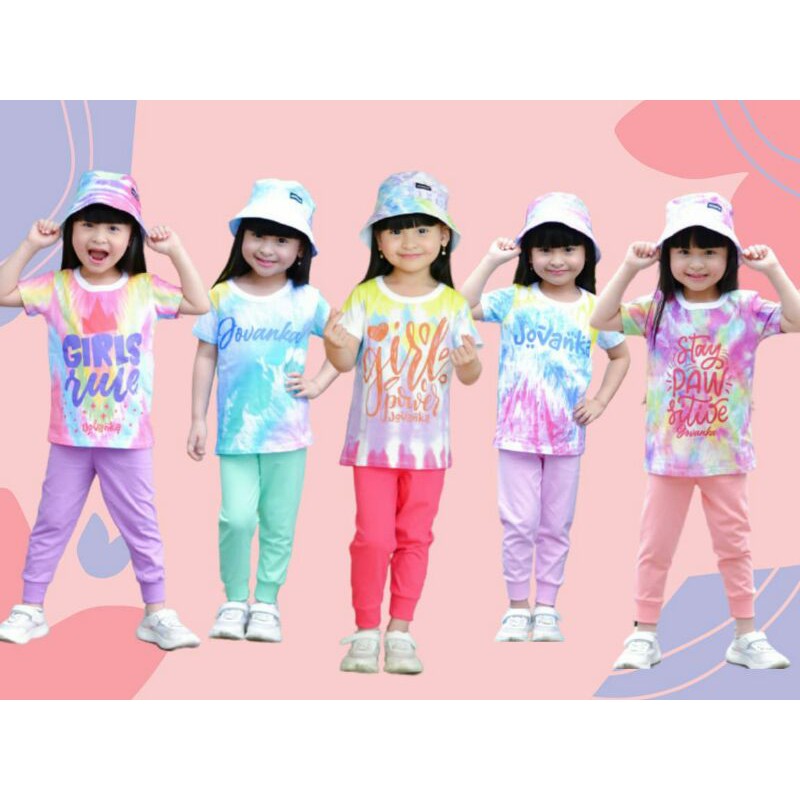 Setelan Anak Tiedye 2-10T Set Joger Tie Dye Free Bucket Hat Jovanka.id