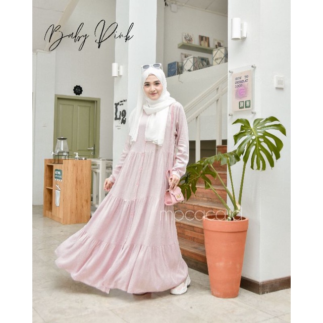 Gamis polos premium Babydol Lady Dress Rayon Twill Full Kancing busui soft babypink muda pink pastel