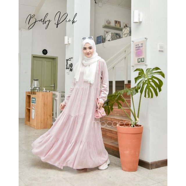 Gamis polos premium Babydol Lady Dress Rayon Twill Full Kancing busui soft babypink muda pink pastel