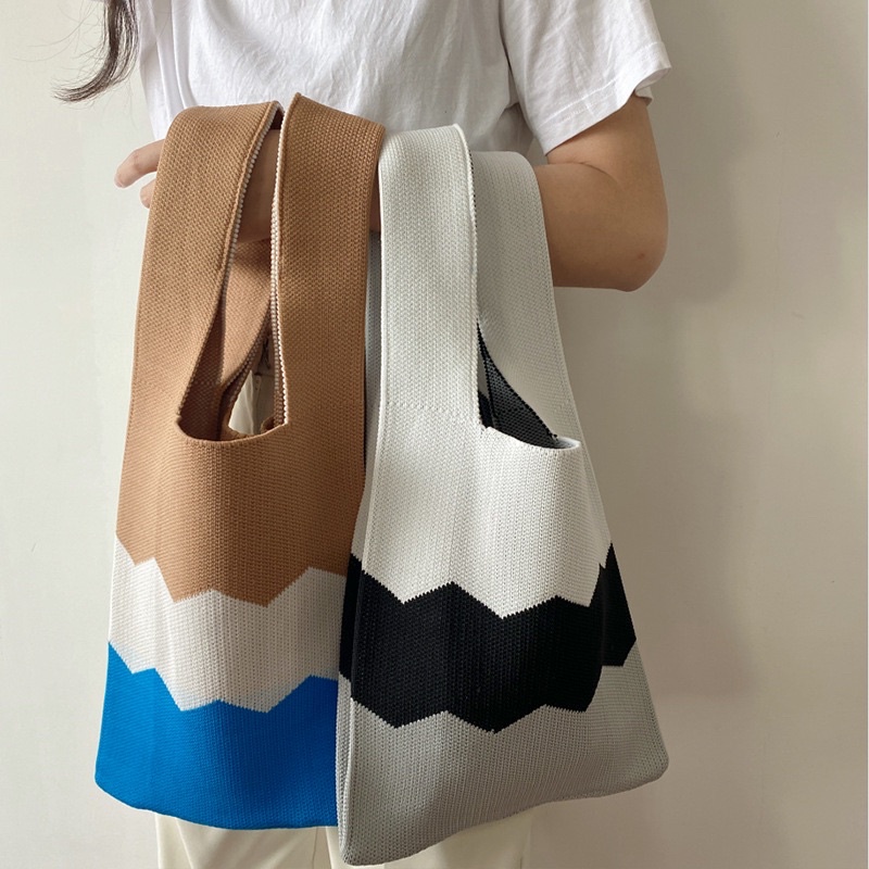 TI 3147 - Tas BUFFOLLOW Vacay Tote Bag Motif Gelombang 3 Warna - Tas BUFOLLOW BUFFOLOW BAG VIRAL THAILAND - BENE Korean Knitted Checkered Tote Bag / Tas Rajut Korea - E1