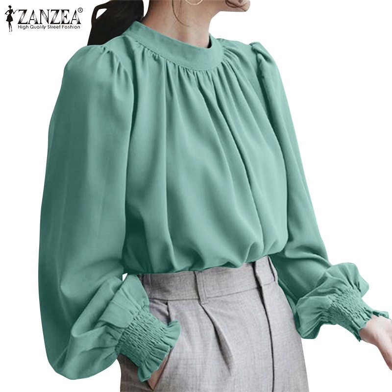 ZANZEA Women Fashion Casual Solid Color Puff Sleeve O Neck Smocking Retro Blouse