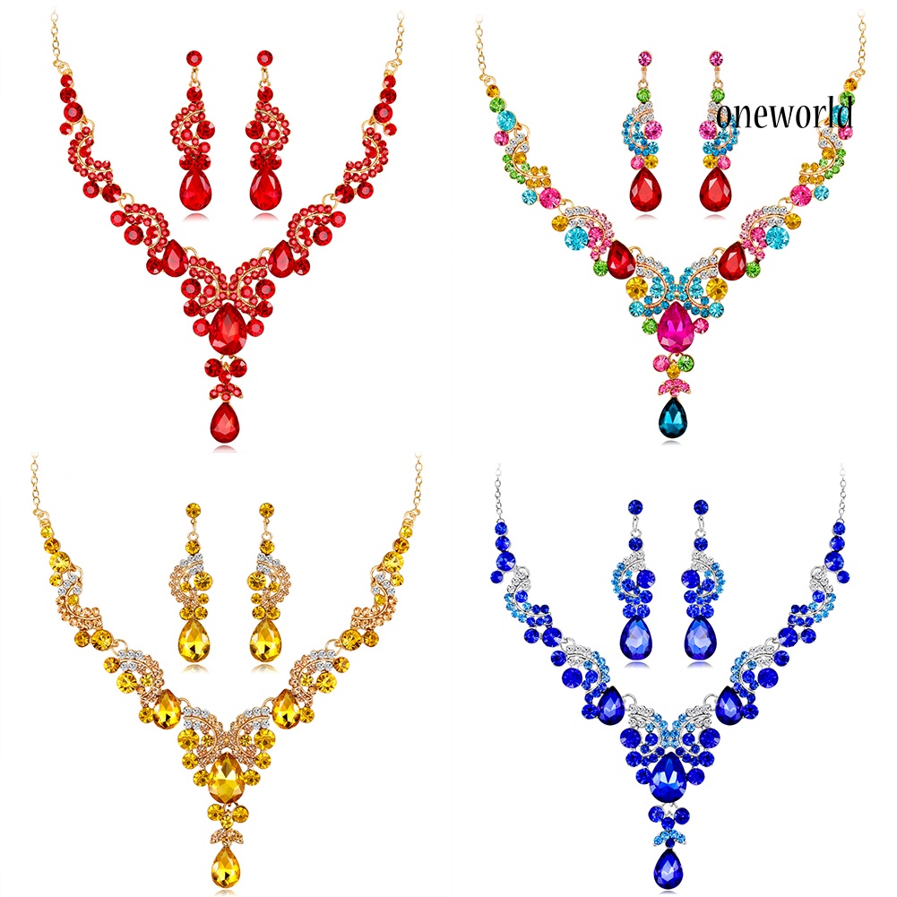 OW@ Women Jewelry Set Elegant Rhinestone Teardrop Pendant Wedding Necklace Earrings