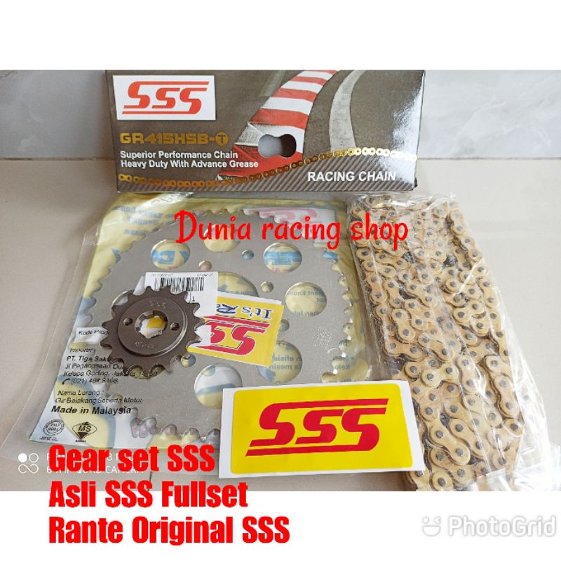 Gear set sss Gir set sss 415 Vixion MX king CB 150 CBR Ninja S R RR Scorpio Tiger Megapro Verza Sonic 150 RX king Jupiter MX Supra GTR 150 Byson R15 Vega R NJMX Karisma Supra 125 Smash Shogun Rante SSS 415 HSBT Gold