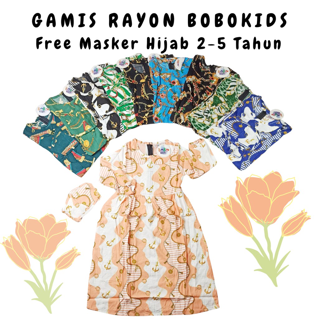 Gamis Rayon Anak Perempuan Free Masker Hijab Kids 2-5 Tahun BOBOKIDS TK-G7 Baju Muslim
