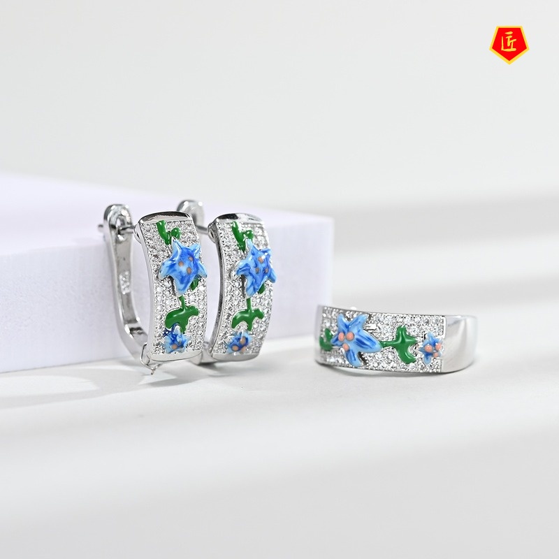 [Ready Stock]Flower Full Diamond Ring Earrings Pendant Set