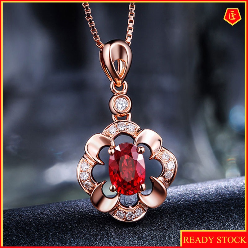 [Ready Stock]Silver Necklace Female Ruby Pendant 18K Rose Gold