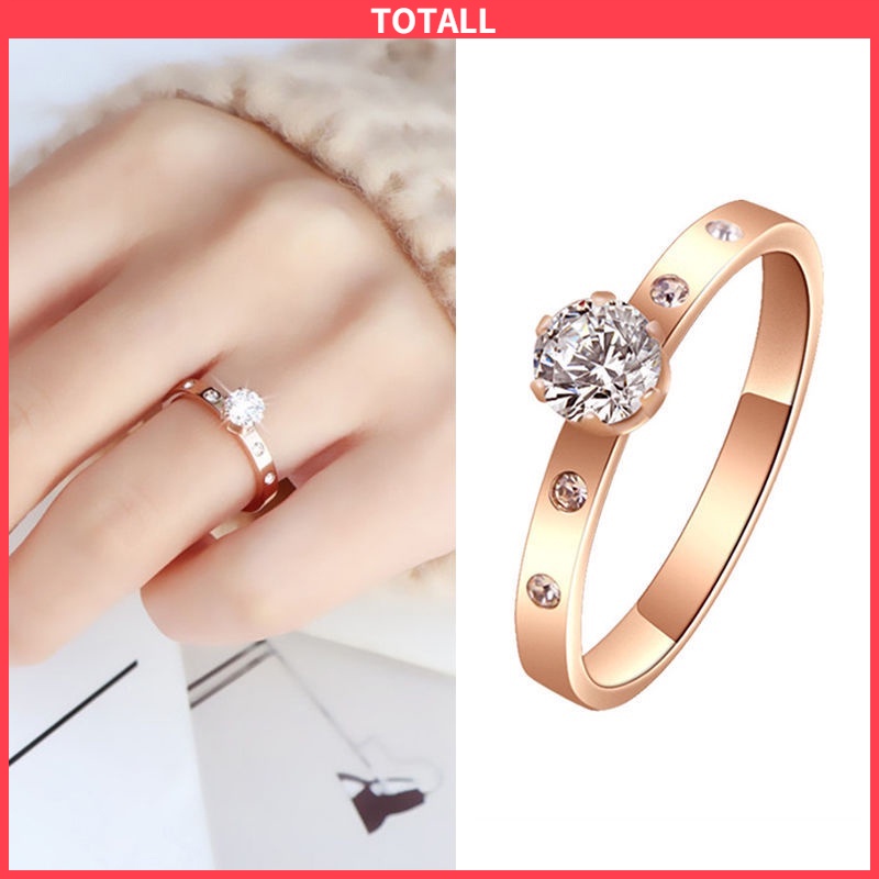 Cincin Berlian Imitasi Bahan Titanium Warna Rose Gold Untuk Wanita TOTALL