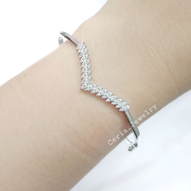 Gelang Perak Asli Silver Wanita 925 Lapis Emas Putih Model Bangle Oval Fuji Permata Full Kaku - Perhiasan Perak Wanita Asli