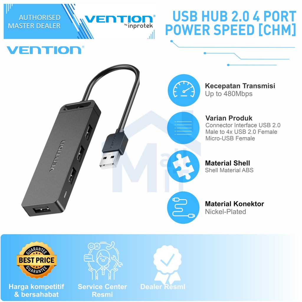 ( Bisa Cod ) Vention HUB USB A 3.0 2.0 4 Port High Speed w/ USB Power Input CHL CHM CHT