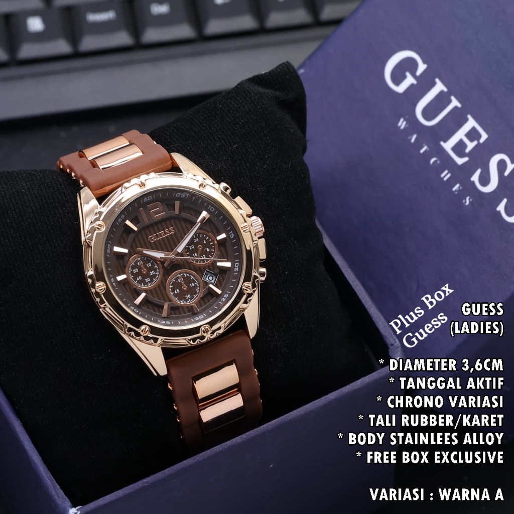 (FREE BOX) JAM TANGAN WANITA GUESS TALI RUBBER BODY BULAT TANGGAL AKTIF CHORNO VARIASI