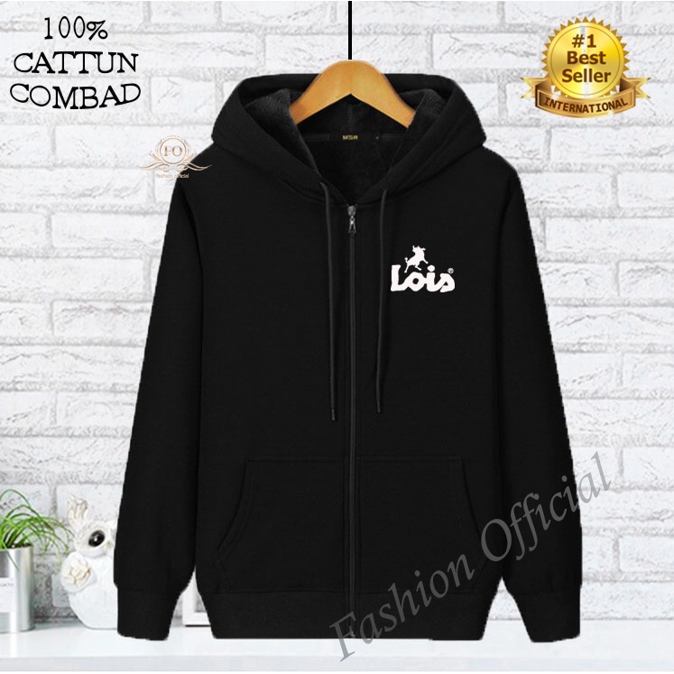 COD Jaket Sweater Hoodie Resleting Zipper Lois Print Putih Premium Quality Bahan Fleece Tebal Pria &