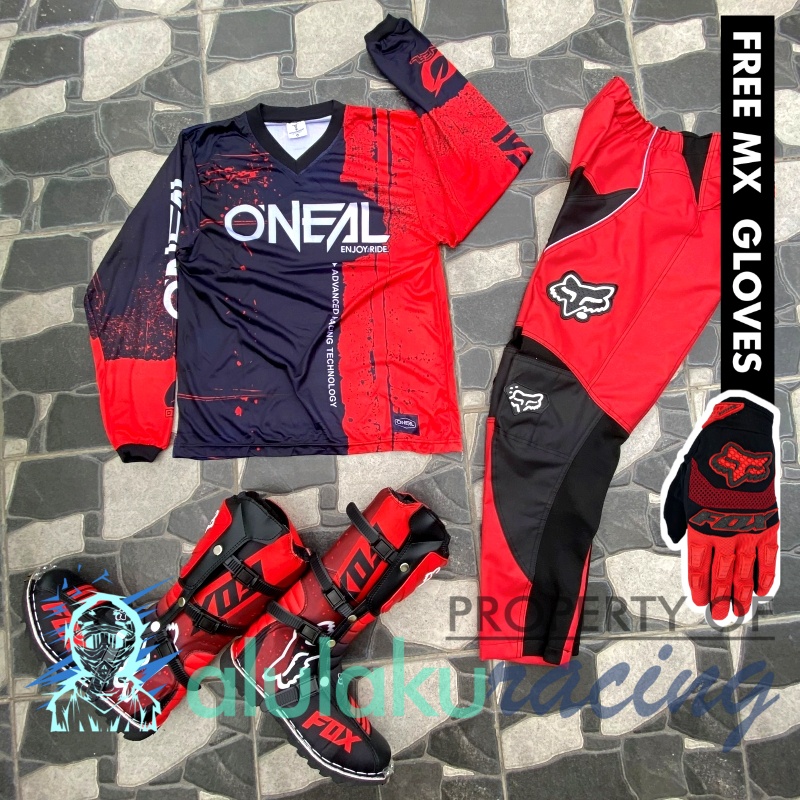 Jersey, Celana, Sarung Tangan &amp; Sepatu Fullprint with Protectors Fullset MX Trail Motocross - Paket Bundling ONCTFG030303-F43
