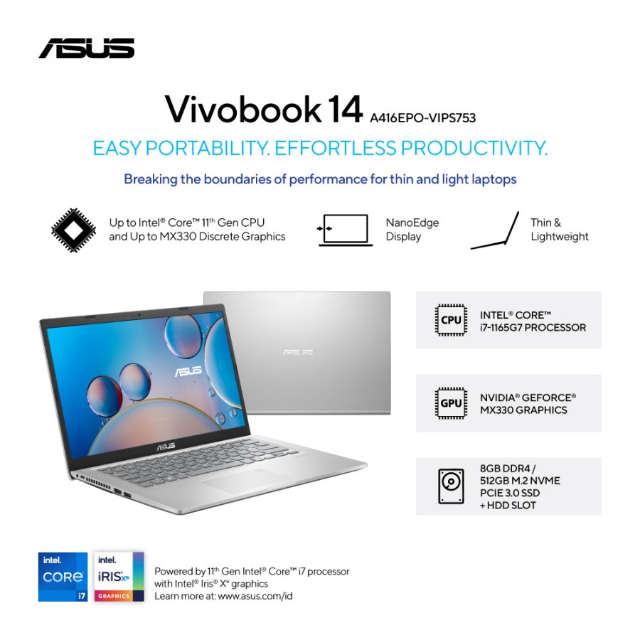ASUS Vivobook 14 A416EPO I7-1165G7 8GB 512GB MX330 14" FHD BLK W11 OHS