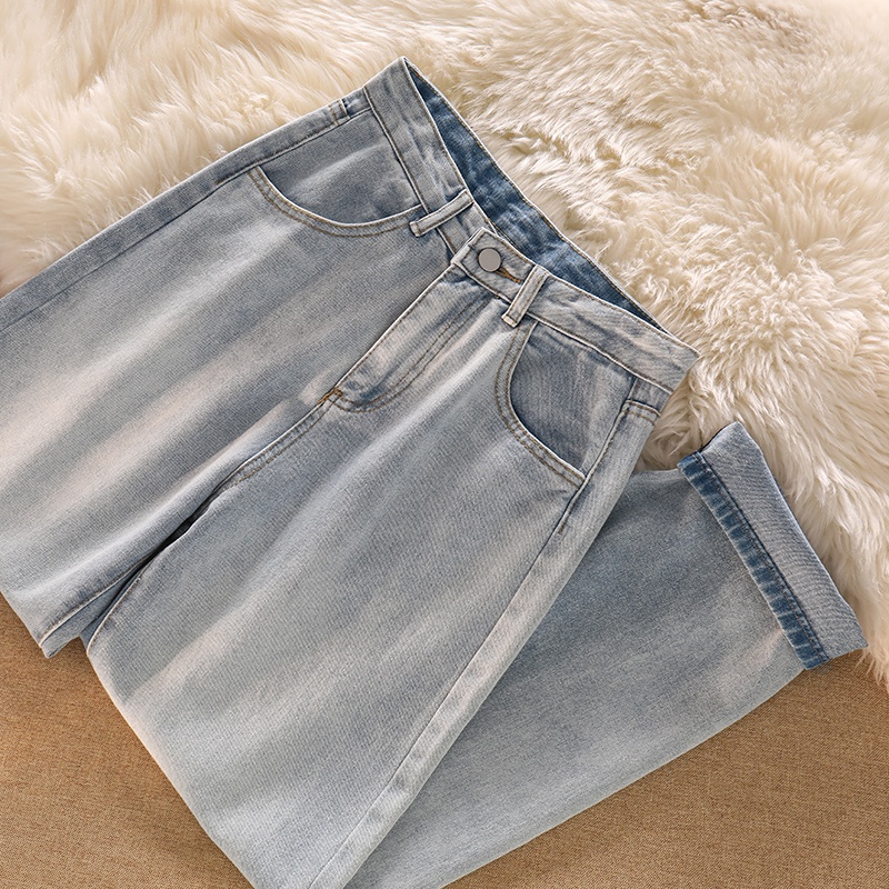 New Korean retro high-waist loose jeans straight-legged wide-legged celana panjang wanita(realpict)