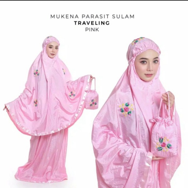 MUKENA / MUKENAH PARASUT SULAM MOTIF TRAVELING PREMIUM - Pink Murah