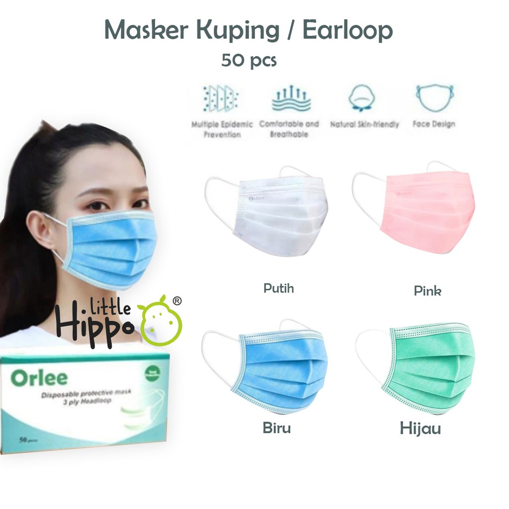 Masker  3 ply Earloop Tali kuping Masker Medis  ORLEE Green Kemenkes 1 box isi 50 pcs