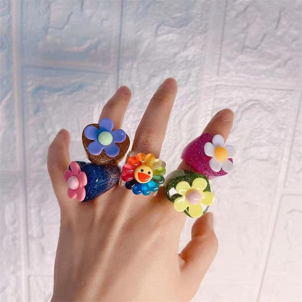 Needway Cincin Korea 2021gaya Baru Bunga Matahari Bunga Smiley Resin Geometris Fashion Perhiasan