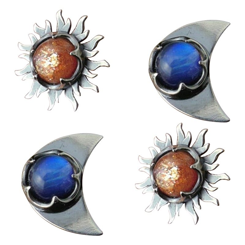 Anting Stud Desain Matahari Dan Bulan Warna Silver Gaya Bohemia Untuk Wanita