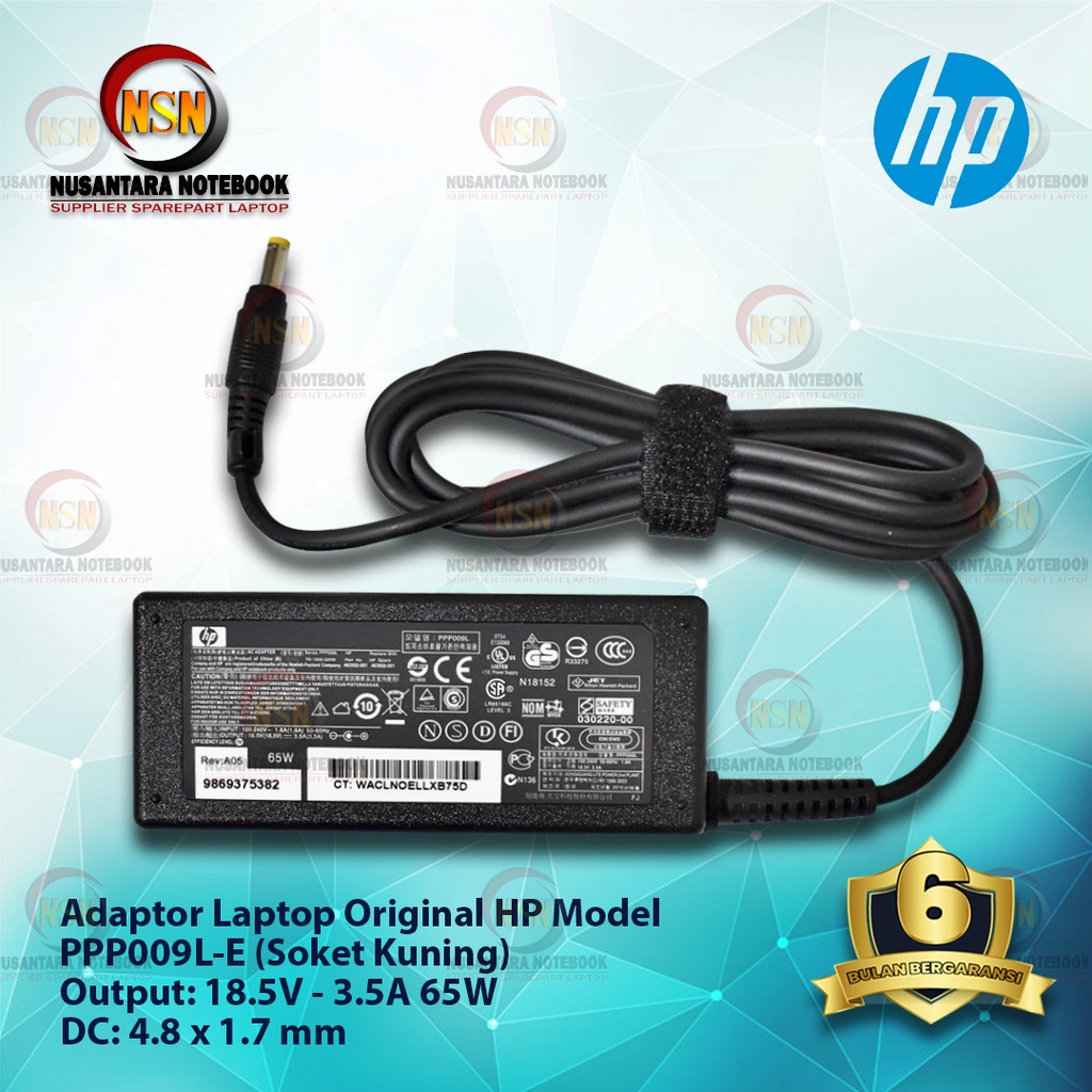 Adaptor Laptop Original HP Model PPP009L-E (Soket Kuning) 18.5V - 3.5A 65W DC: 4.8 x 1.7 mm