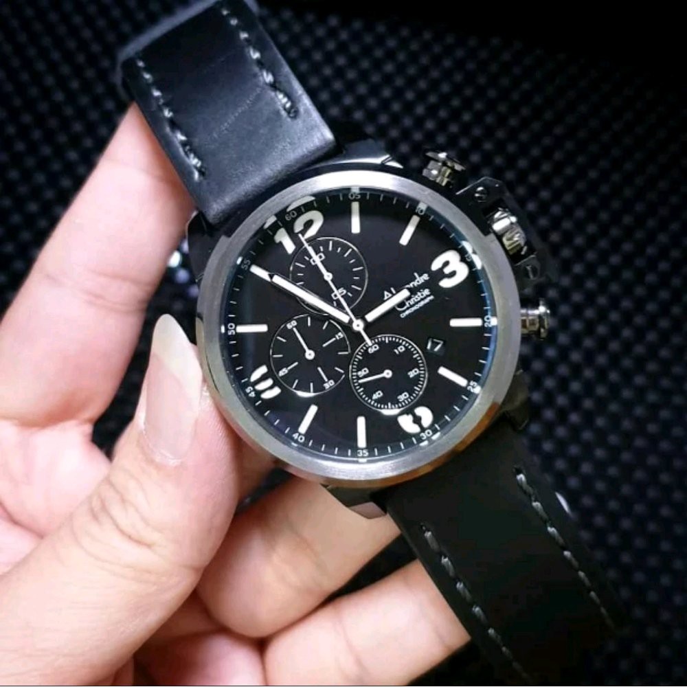 Laris jam tangan alexandre christie original pria tali kulit AC6280 case black silver Berkualitas