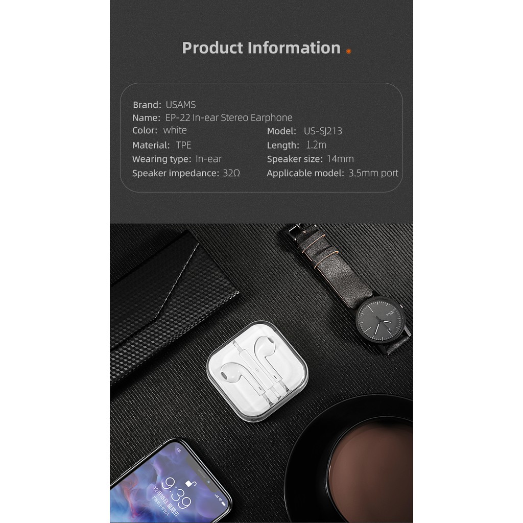 USAMS EP22 Earpods Jack Audio 3.5mm with Mic Headset Earphone