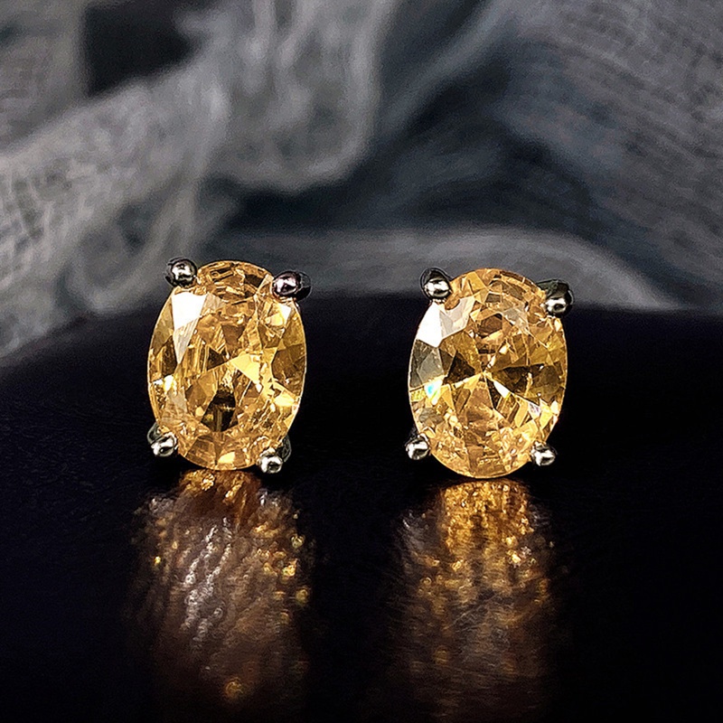 Anting Stud Cubic Zirconia Bentuk Oval Warna Putih Pink Kuning Gaya Minimalis Elegan Untuk Wanita