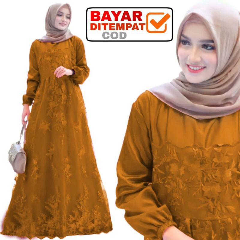 Size L XL XXL / Gamis Muslim Farasya / Maxi Brukat Selma Tulle Premium Jumbo Murah Brokat Navy Marun-3