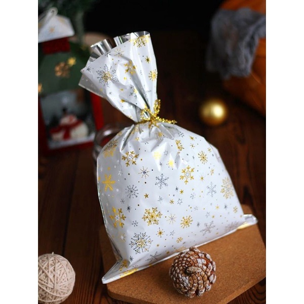 KANTONG PLASTIK KEMASAN HADIAH NATAL/PLASTIK HAMPERS SNOWFLAKE GOLD