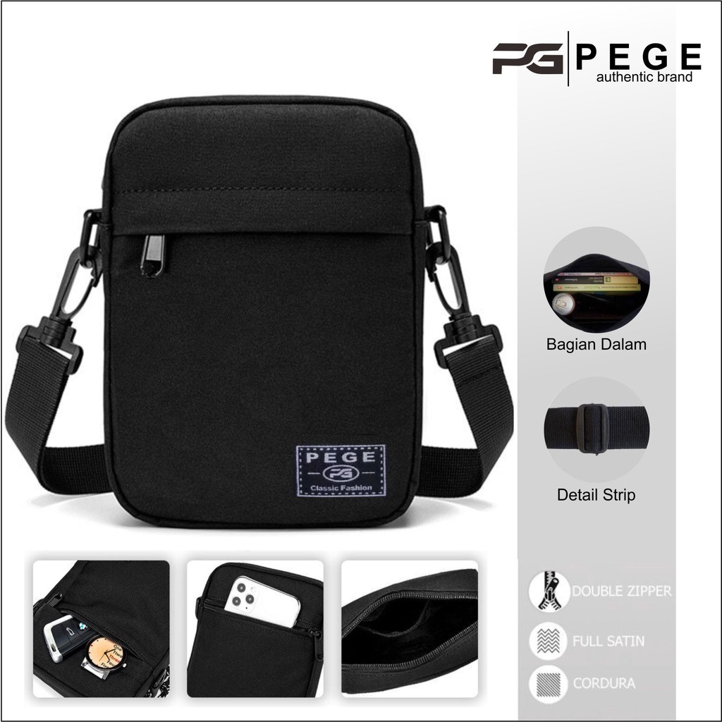 Tas Selempang Polos Pria PEGE Slempang Kasual Cowok Hitam Slingbag Bahu Keren Murah - PG 8864