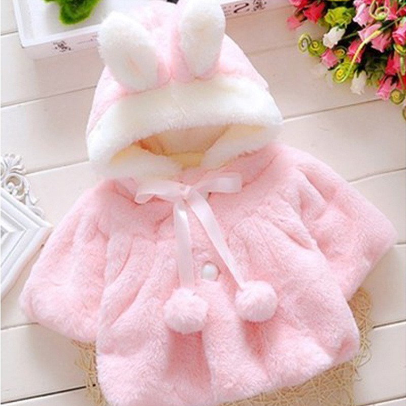 Jaket Anak Perempuan Bulu Hoodie Telinga Kelinci Lengan Pendek Aksen Pita dan Bola Import