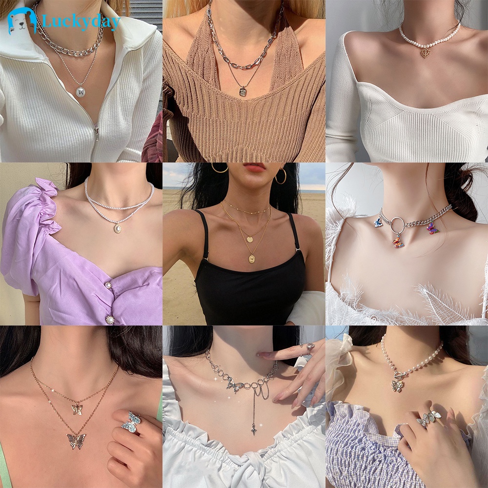YEEZII Kalung Rantai Banyak Lapis Dengan Liontin Kupu-Kupu + Mutiara Gaya Retro Korea Untuk Wanita