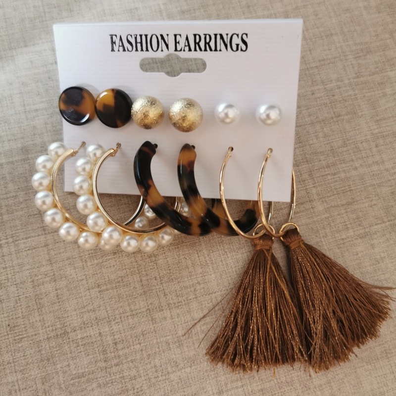 Set Anting Tusuk Bentuk Lingkaran Aksen Mutiara + Rumbai Gaya Bohemian Untuk Wanita