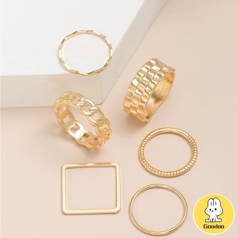 4pcs / Set Cincin Jari Telunjuk Bentuk Geometris Gaya Retro Untuk Wanita -Doo