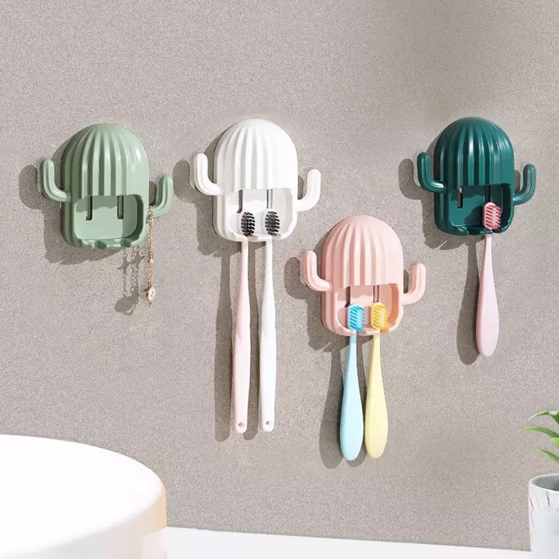 JG - Gantungan Tempel Dinding Tempat Sikat Gigi Bentuk Kaktus / Hook Tempat Penyimpanan Gantung Alat Cukur Karet Kuncir Kain Lap Baju Handuk Kunci / Wall Mounted Toothbrush Holder Cactus / Serbaguna Unik Lucu