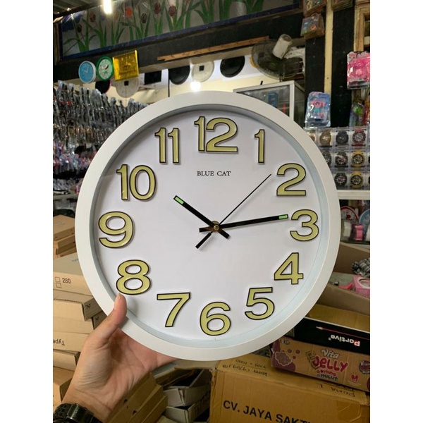 Jam dinding Glow in the dark blue cat angka timbul posfor 30 cm angka timbul