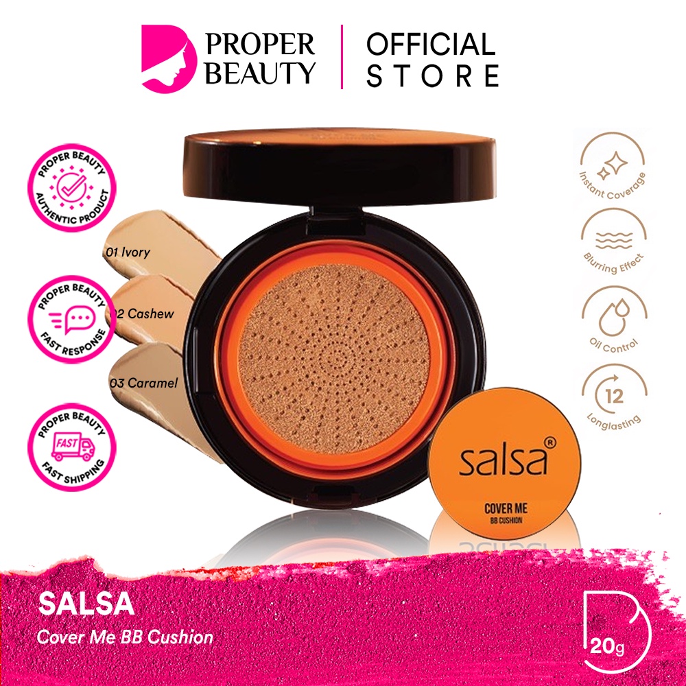 SALSA Cover Me BB Cushion Indonesia / Semi Matte SPF 30 PA++ 20g / Smooth Finish Waterproof Flawless Look Light Formula Medium Coverage / Shade 01 Ivory 02 Cashew 03 Caramel / Cosmetic Makeup Face / Foundation Powder CC Cream Cusion Bedak Full Set Refill