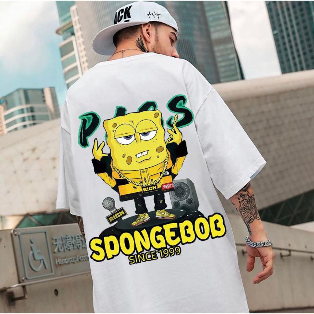 kaos Atasan Distro Unisex/kaos Oblong Pria dan Wanita/kaos unisex/KAOS SANTAI OBLONG MOTIF GAMBAR SPONGEBOB Warna Hitam Dan Putih/tersedia ukuran M,L,XL,XXL,KAOS TERBARU 2022