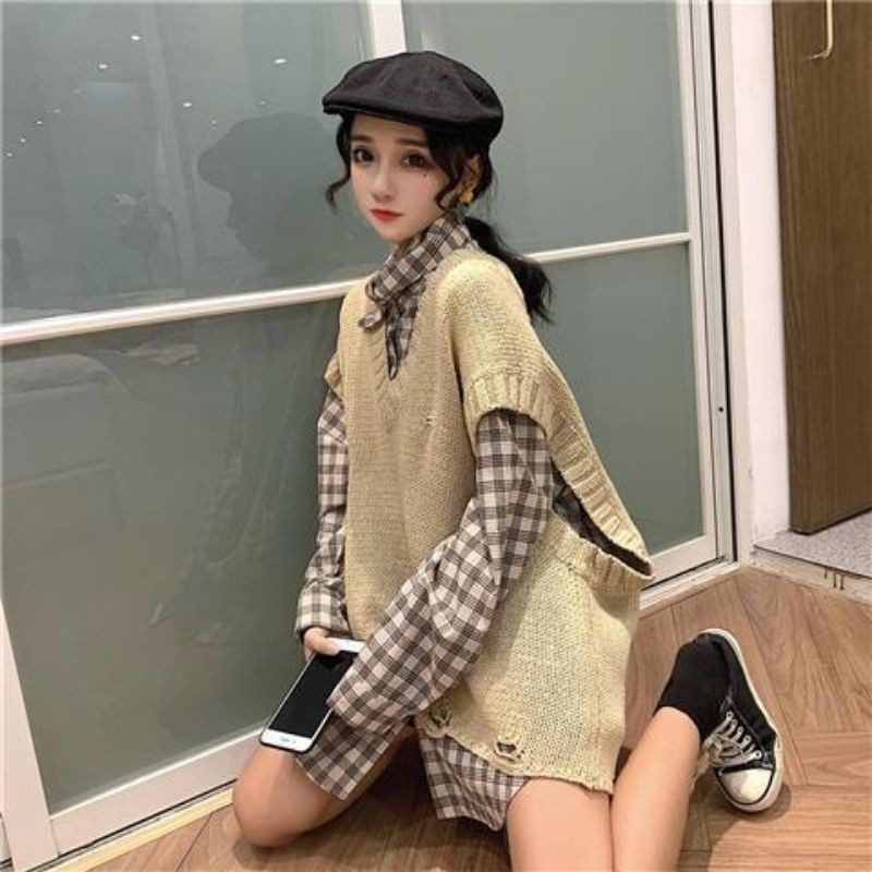 IMPORT WOMAN OVERSIZED BOYISH SHIRT VEST KNIT ROMPI RAJUT WANITA REMAJA IMPOR