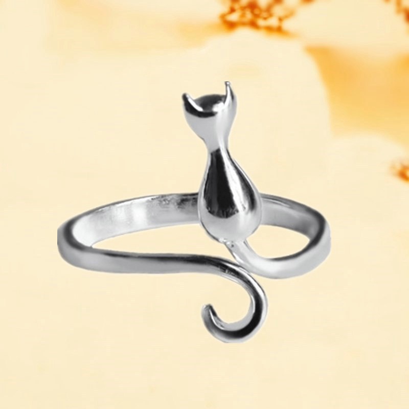 Cincin Handmade Adjustable Desain Kucing Warna Silver Untuk Wanita