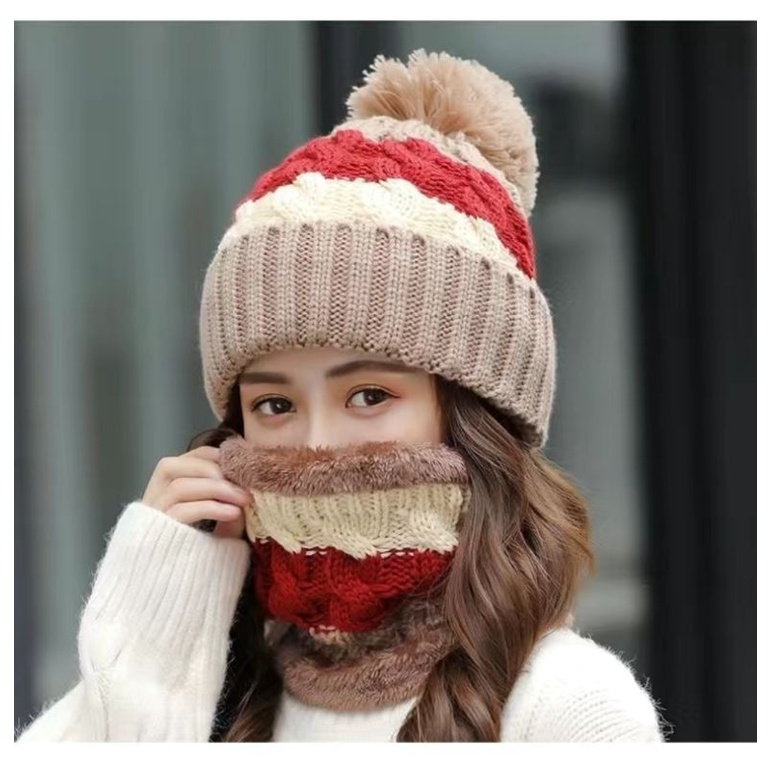 Winter Knitted Beanie Pompom Scarf Set Woman Kids Fur Inside / Topi Kupluk + Syal