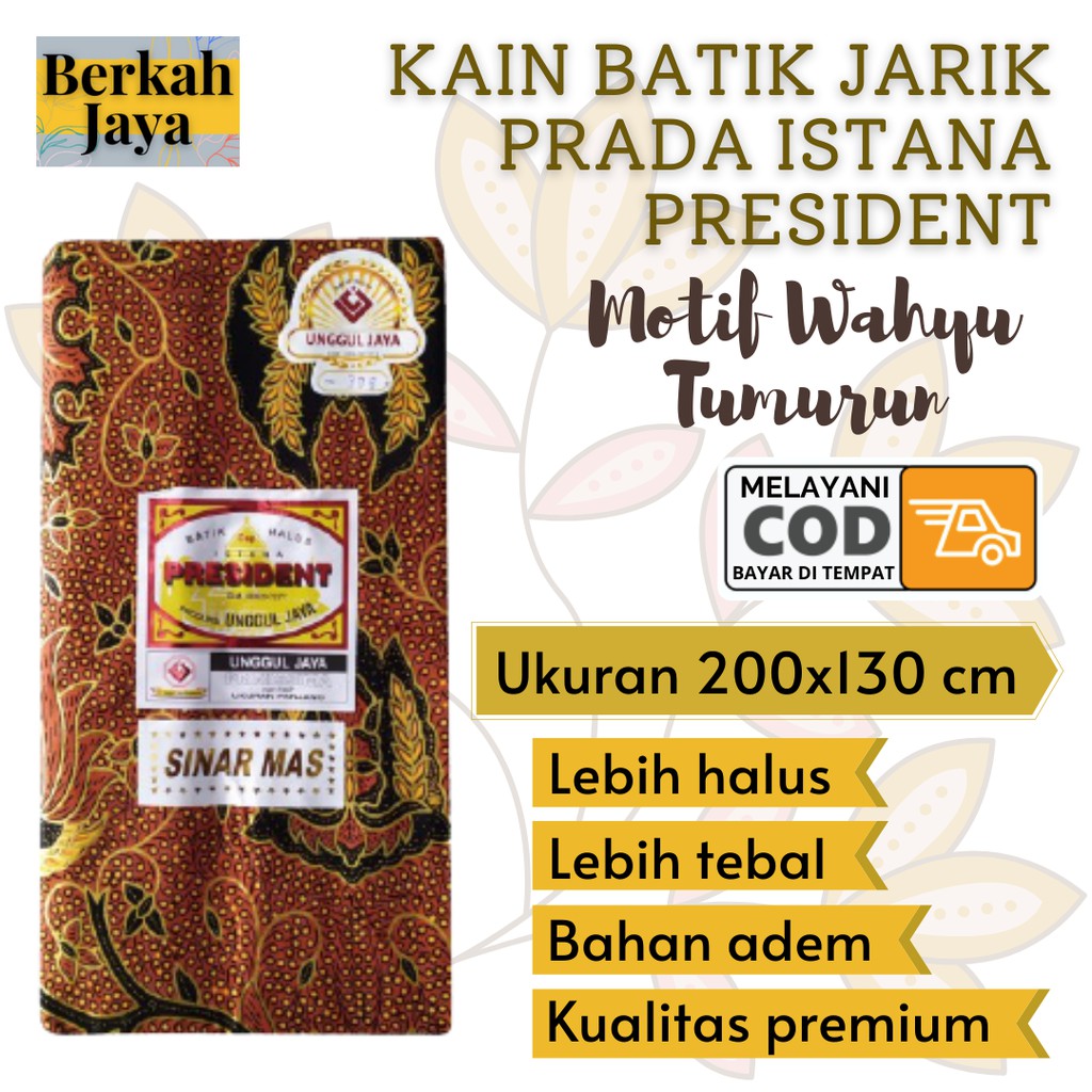 Kain Batik Solo Jarik Panjang Prada Premium Halus Motif Wahyu Tumurun merk H. Santoso Istana Preside