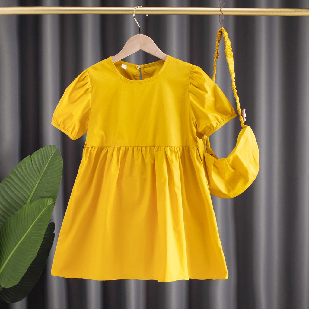 Baju Dress Anak Perempuan Polos  Lengan Pendek Packet Mini Tas Gaun Lucu Style Fashion Import-Kuning