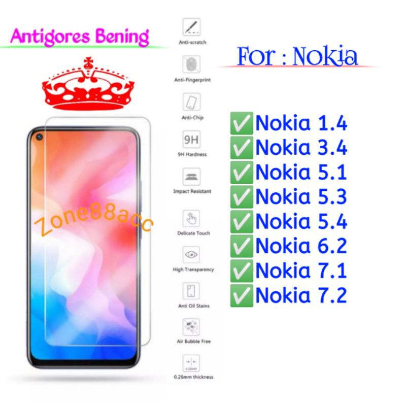 Nokia 1.4 3.4 5.1 5.3 5.4 6.2 7.1 7.2 Antigores Bening Tempered Glass Screen Guard protector TG