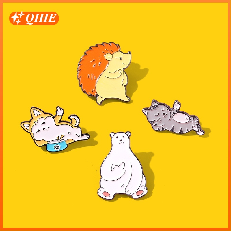 Bros Pin Enamel Bentuk Kartun Hewan Landak Beruang Kucing Anjing Untuk Hadiah Teman