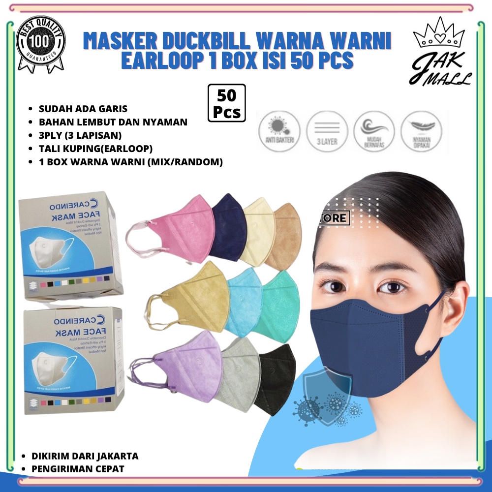 Masker Duckbill Garis 3ply 4ply  Earloop  Garis Warna Warni Mix 1 Box Isi 50pcs-JM