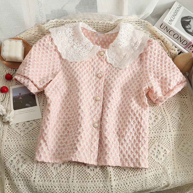 #Sisjuly# Wanita Blok Warna Berongga Boneka Kerah Single Breasted Cardigan Top Wanita Musim Panas Pe