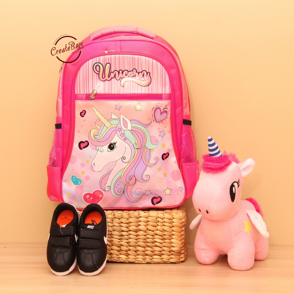 TAS RANSEL ANAK SD UKURAN 16&quot; KANTONG BOTOL MINUM TAS RANSEL ANAK SEKOLAH KARAKTER UNICORN